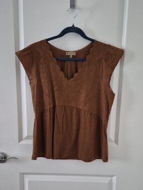 Democracy Brown Embroidered V-Neck Women’s Top